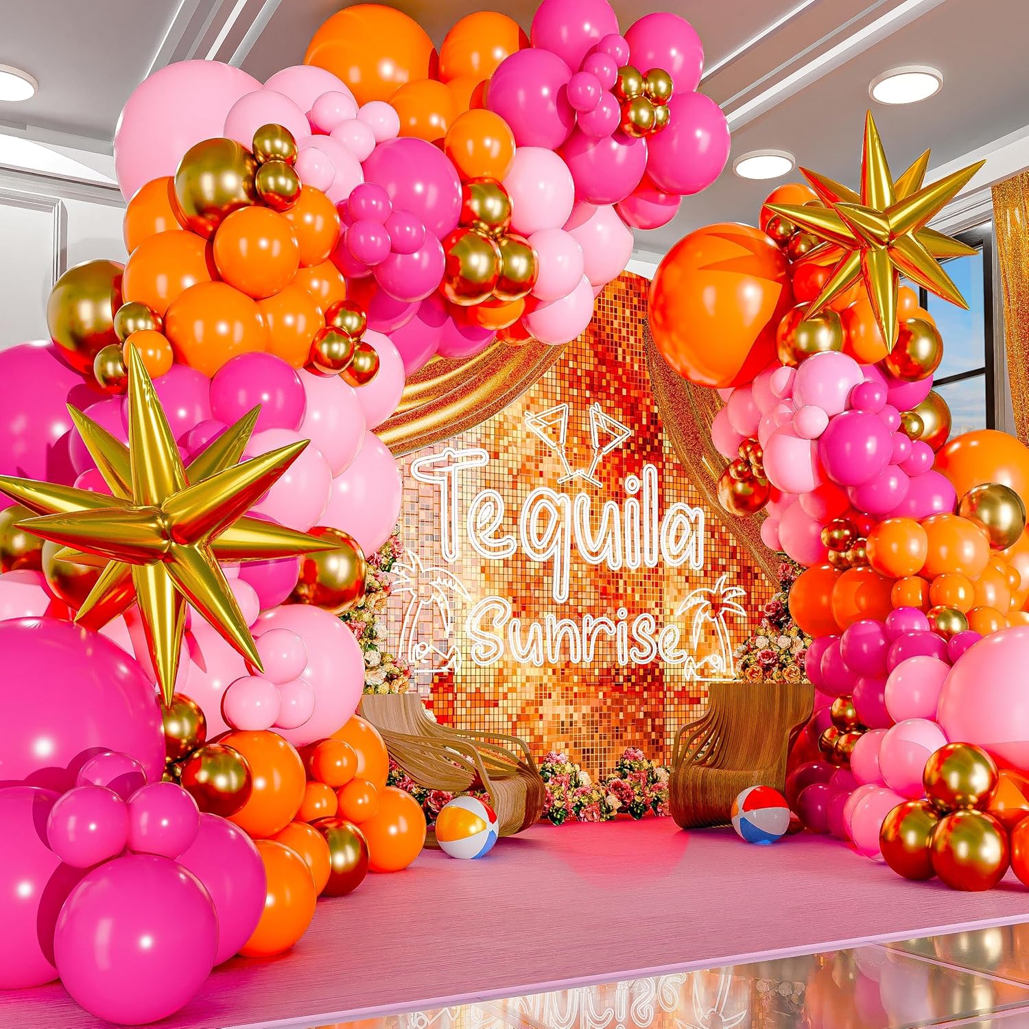 Balloon Arch Kit - 123Pcs Hot Pink Orange Metallic Gold